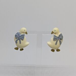 Charming Vintage Earrings Geese Or Ducks With Blue Ribbons Resin